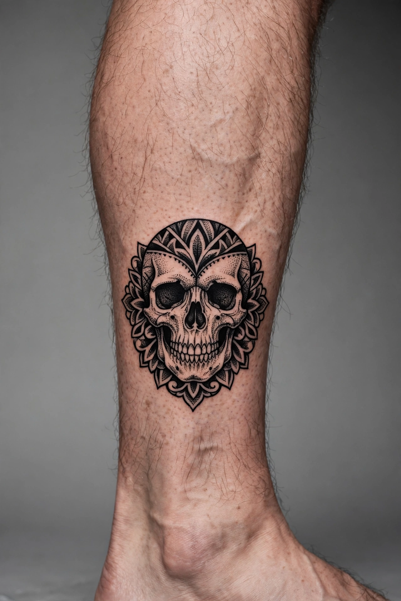 Blackwork skull calf tattoo tattoo on a real body