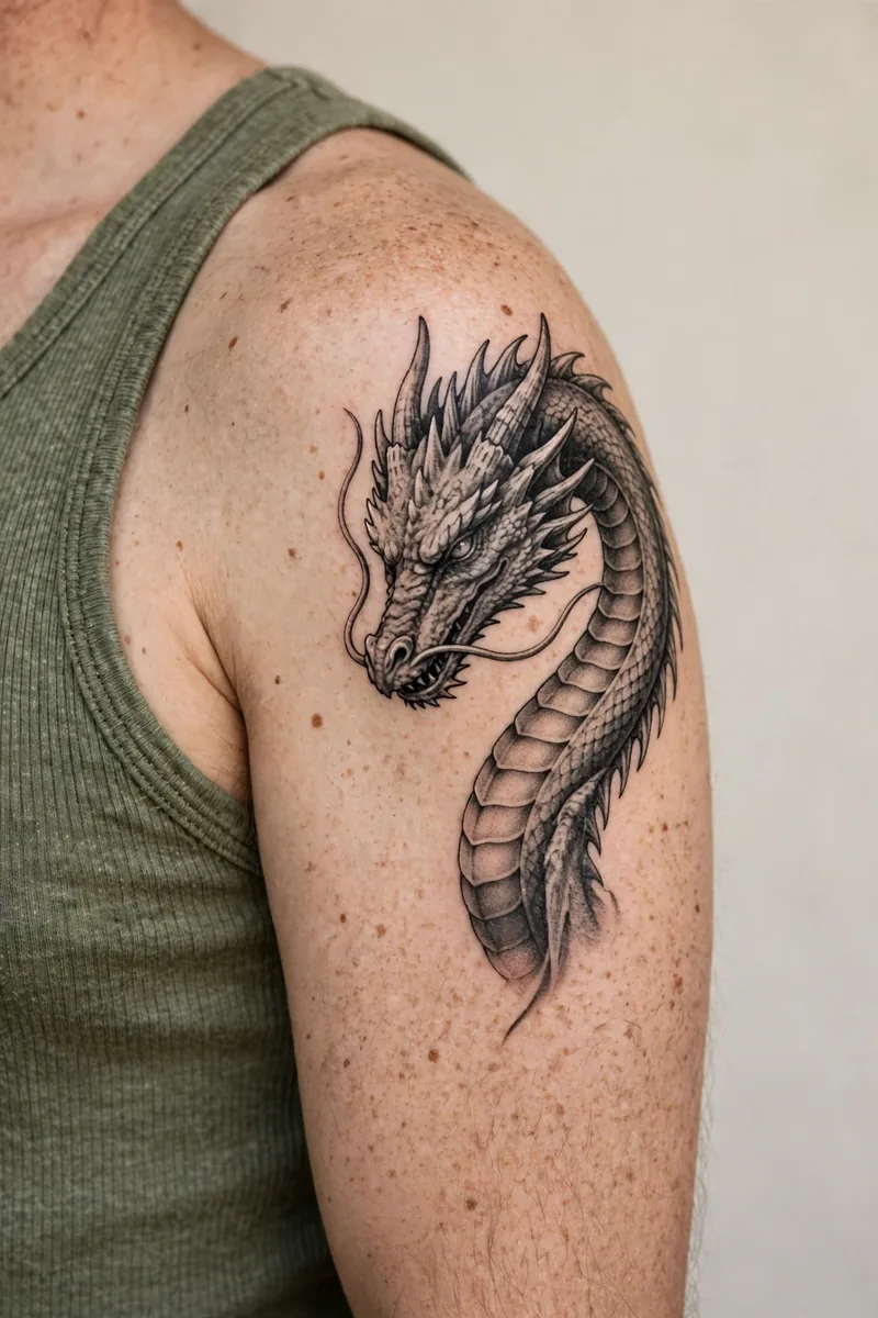 Dragon tattoo on real skin, alternate placement