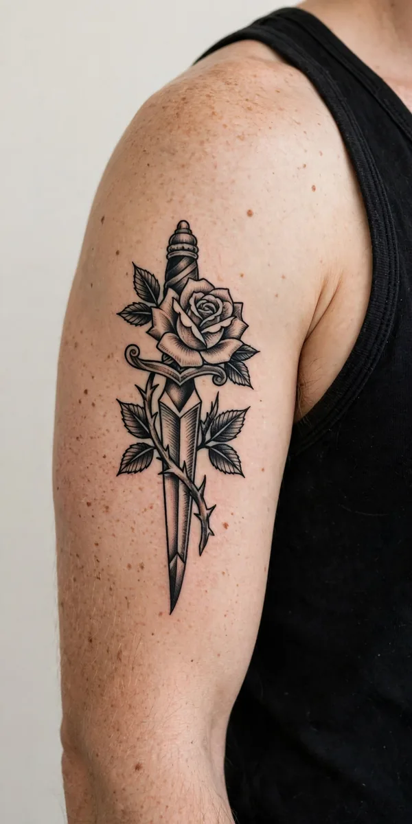 Rose and Dagger tattoo on a real body