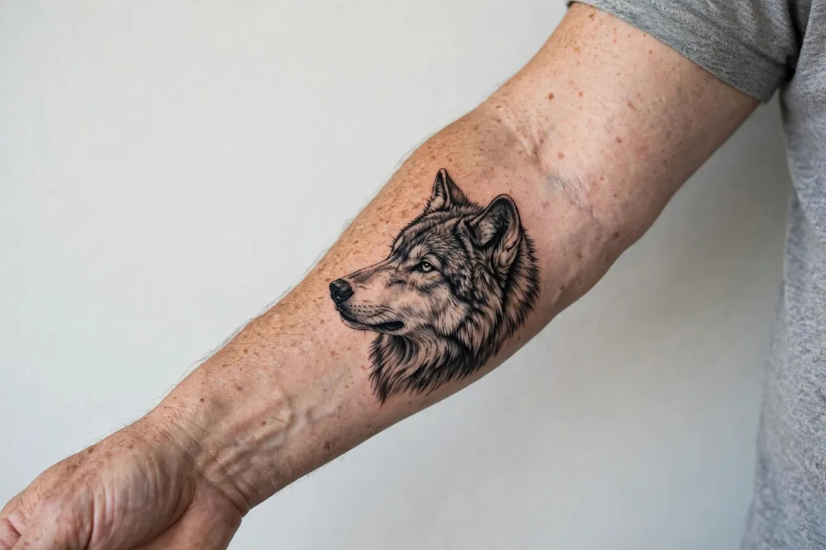 Wolf tattoo on real skin, alternate placement